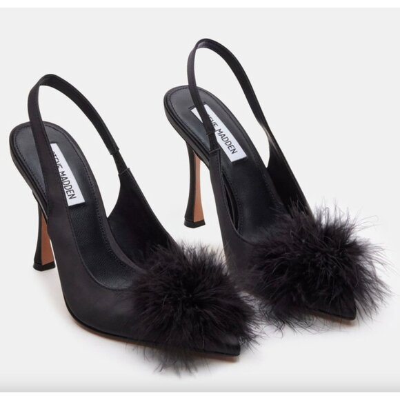 Steve Madden Shoes - Steve Madden Black Feather Pom Pom Blythe Satin Slingback Heels Pumps
